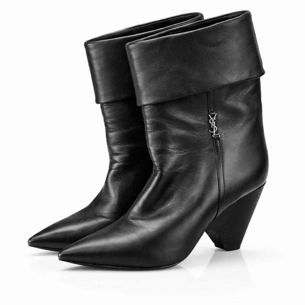Saint Laurent Paris Black Leather Pointed Toe YSL Monogram Ankle Boots Size 37